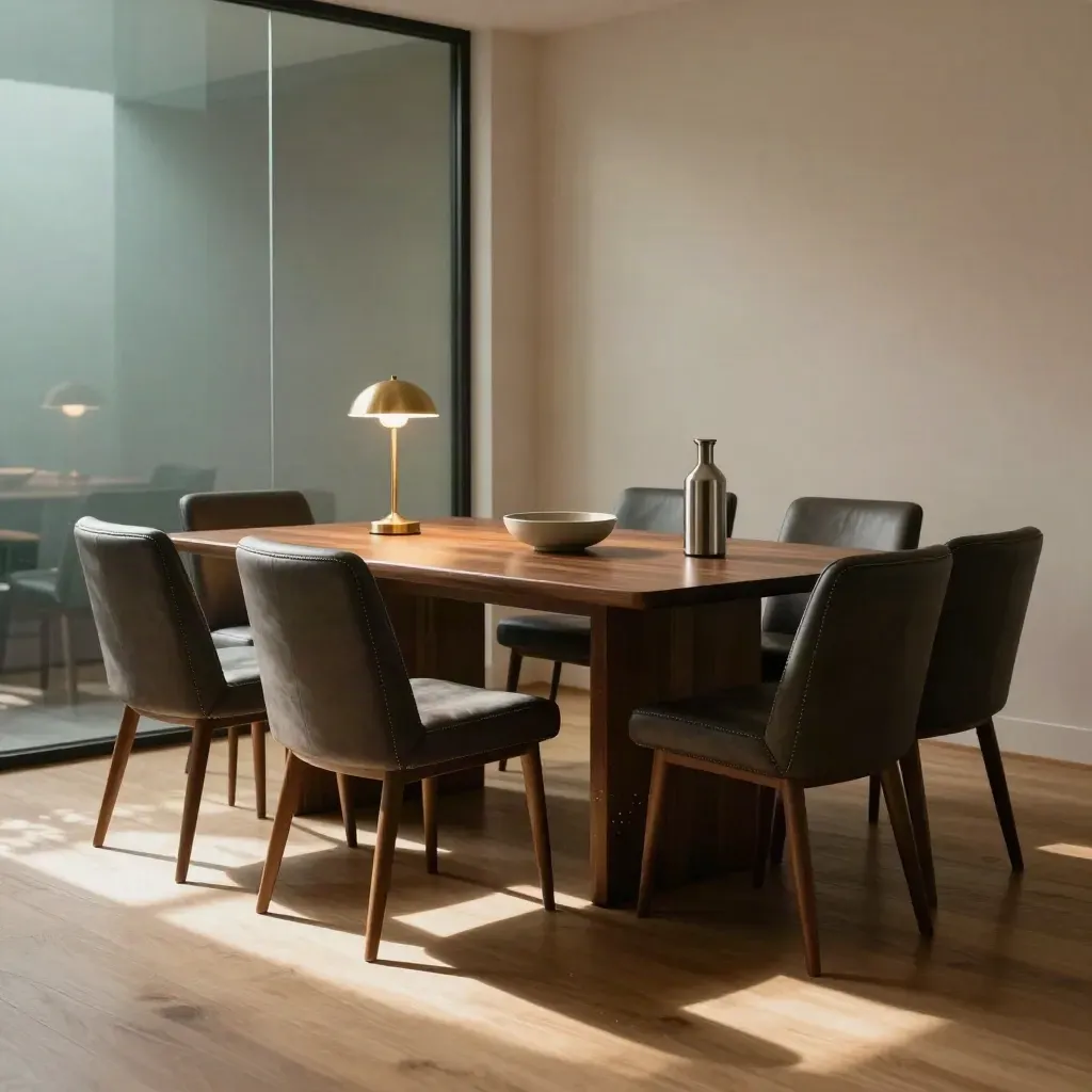 Empty demo-ready meeting room with glass wall, six chairs, lamp glow and walnut console in warm afternoon light