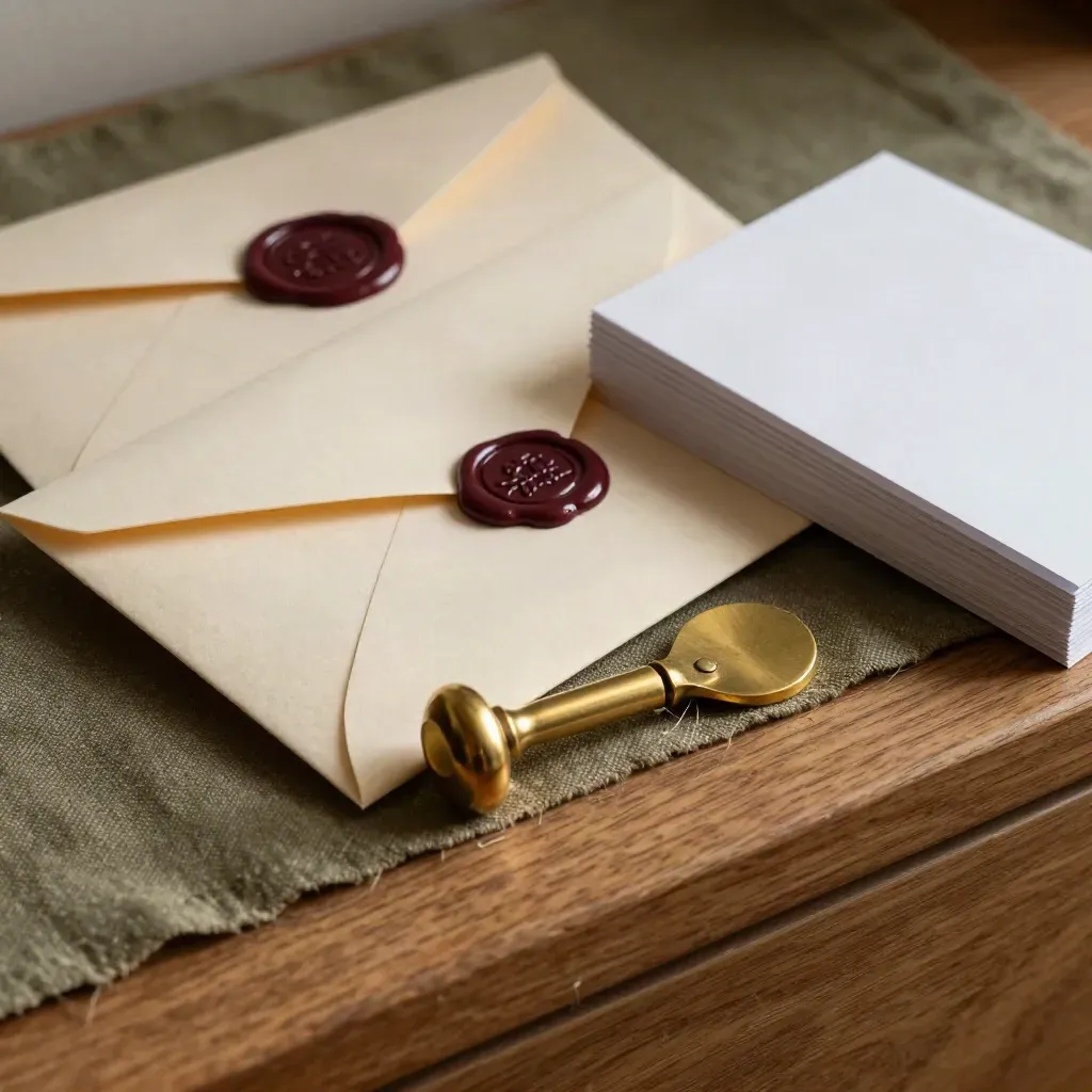 Sealed envelopes, wax stamp, brass opener and blank cards on a warm mail-sorting ledge.