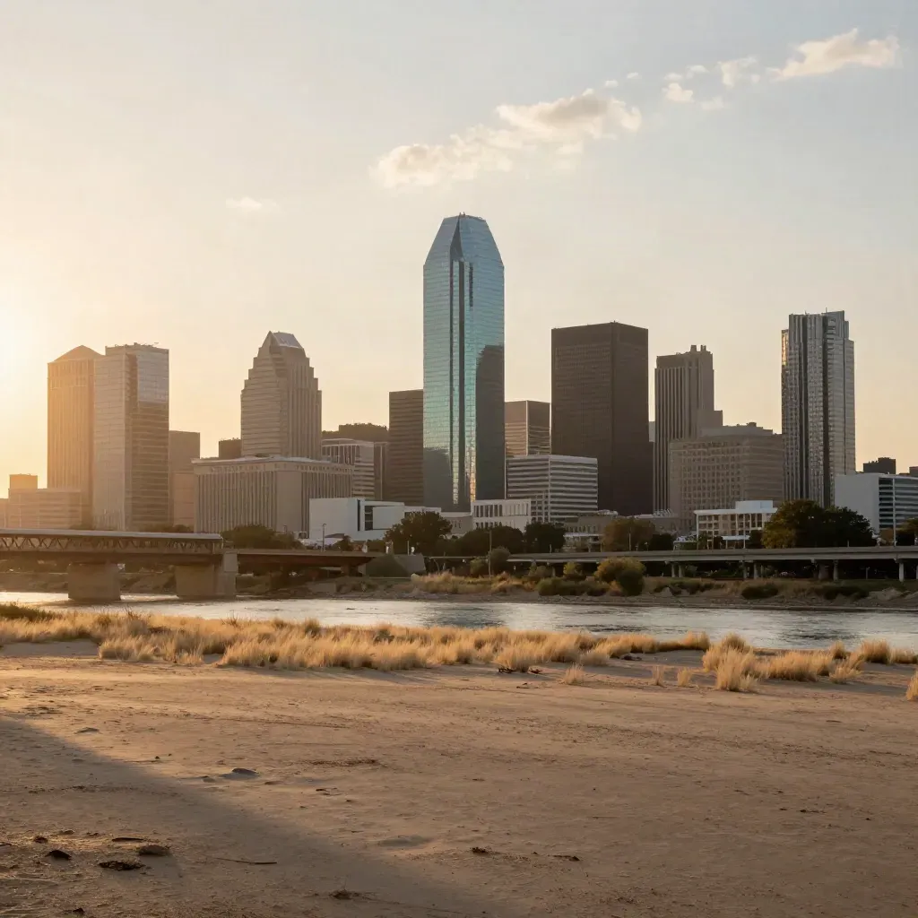 Dallas skyline at golden hour above a hazy river plain with calm open foreground