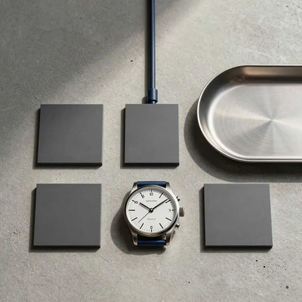 Overhead still life of a tuning dial, cable run, status tiles and metal tray on concrete.