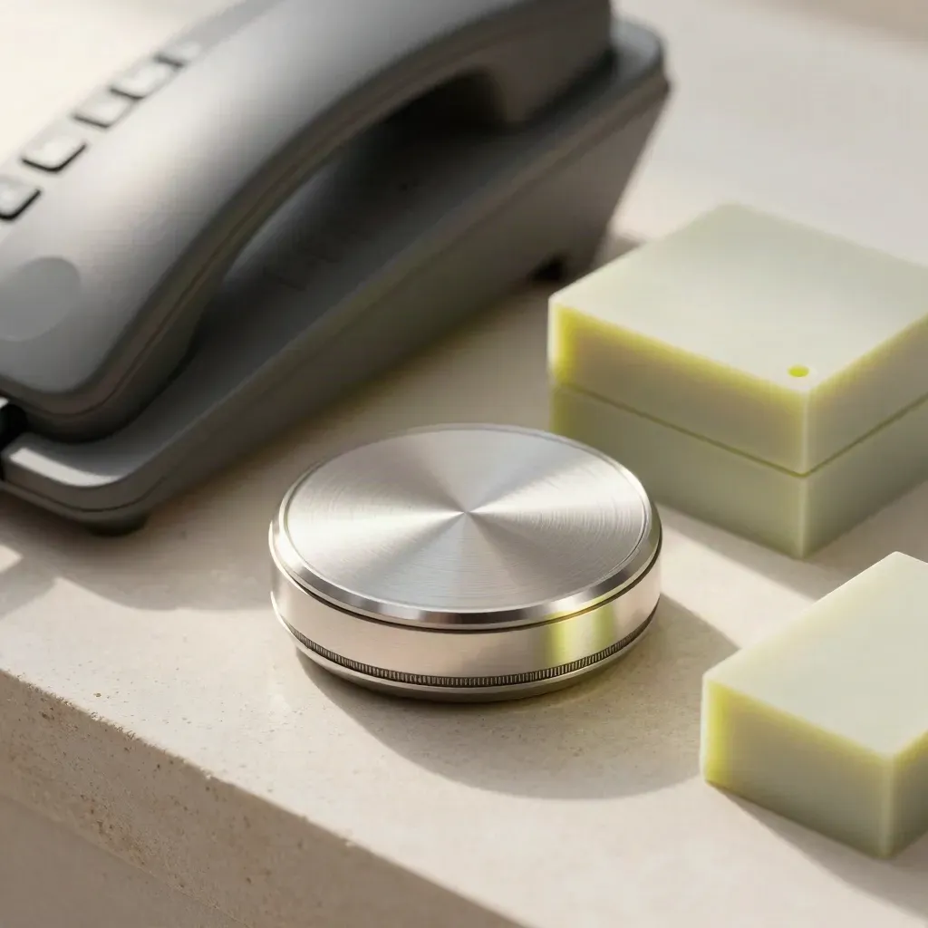 Glowing status puck with dial, phone cradle and routing blocks on a pale plaster sweep
