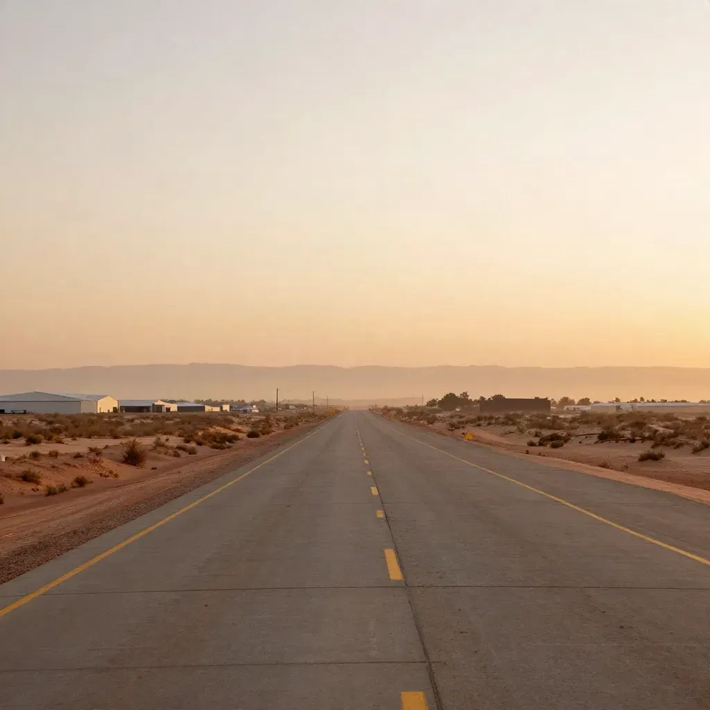 Sunlit Sunbelt horizon with an empty interstate, industrial edges, and hazy cream sky